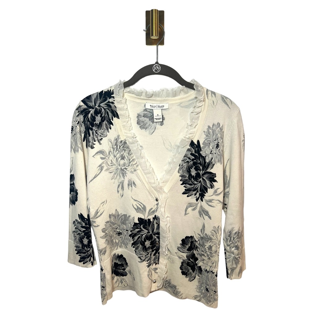 White House Black Market Floral Silk Blend Cardigan Metallic Ruffle Cream Small